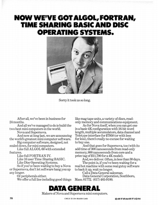 Data General Corporation. Sorry It Took So Long advertisement. Datamation. Data General Corporation. Sorry It Took So Long advertisement. Datamation.